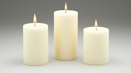 Three white pillar candles with flames burning, arranged on a neutral background.