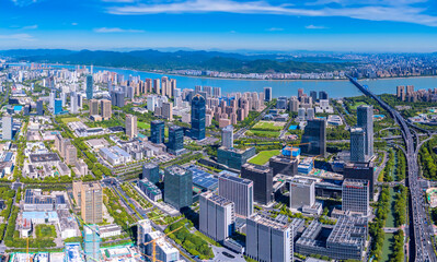 Naklejka premium Cityscape of Binjiang District, Hangzhou, Zhejiang Province, China