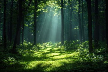 Sunbeams shine through trees in a lush green forest path. Use this serene image for nature and outdoor related projects.