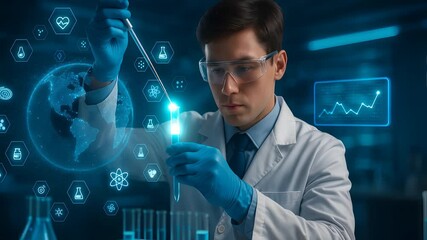 Scientist Conducting Experiment in Futuristic Laboratory with Holographic Medical Icons Representing Biotech Research and Innovation

 - Powered by Adobe