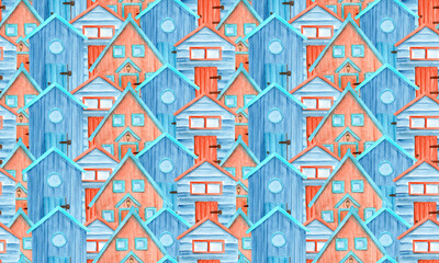Wooden plank cabin on stilts filled paved seamless pattern. Hand painted simple watercolor illustration perfect for cards, decor, children room design. Cute decorative hut. Blue red houses