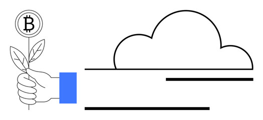 Hand holding plant with Bitcoin sprout next to cloud outline, symbolizing cryptocurrency growth, sustainability, and cloud-based innovation. Ideal for fintech, blockchain, investment, digital