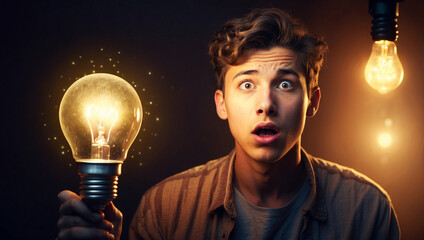 Astonished Young Man with a Bright Idea: The Spark of Creativity and Innovation