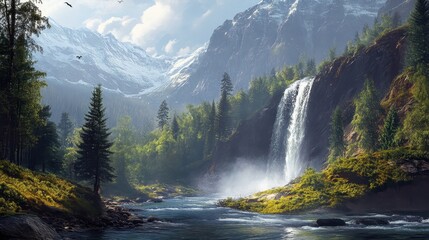 Stream River. Waterfall in Forested Mountain Landscape