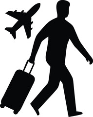 Business Traveler Walking with Rolling Suitcase and Airplane Icon Silhouette for Travel and Commuting Concepts