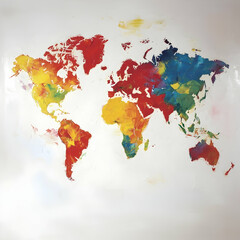 Colorful painted world map on white wall, global travel concept, background for presentations