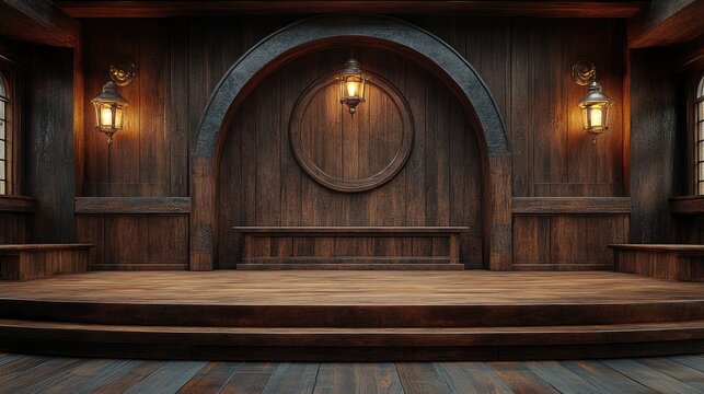 Wooden stage, arched frame, and vintage lanterns create a rustic ambience. Perfect for presentations, performances, or showcasing your unique product.