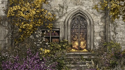 Obraz premium Enchanted garden gate stone wall fairytale rustic charming whimsical cottagecore medieval fantasy architecture doorway magical