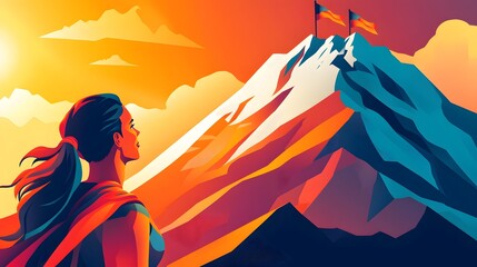 Woman Gazing at a Majestic Mountain Peak with Flags