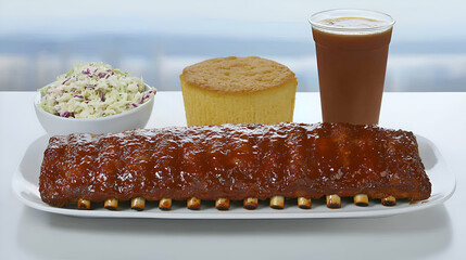 Delicious BBQ ribs served with coleslaw, cornbread, and a refreshing drink. Perfect for a satisfying meal.