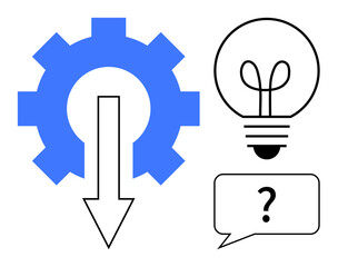 Gear with downward arrow symbolizes process optimization, lightbulb represents ideas, and speech bubble with a question mark conveys inquiry. Ideal for innovation, brainstorming, process strategy