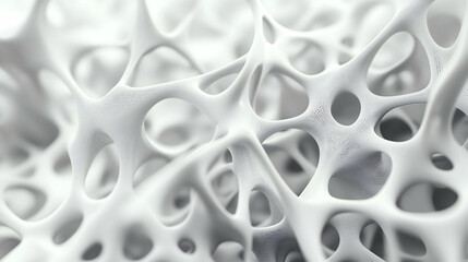 Abstract close-up of a complex, interconnected network resembling bone structure. The image is monochromatic, with varying shades of white and gray, creating a textural and intricate design.