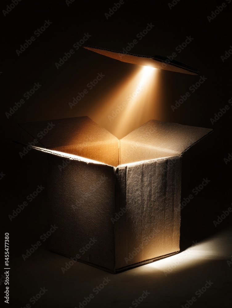 Fototapete open cardboard box emits mysterious glowing light from inside, creating intrigue in a dimly lit spac