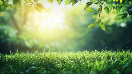 Obraz premium Sunlit Green Grass and Lush Leaves: A Serene Nature Scene