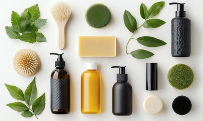 Collection of natural skincare products with green leaves and eco friendly packaging high resolution stock image for organic beauty and self care,


