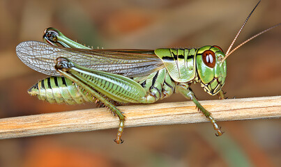 Fototapeta premium Close-up of a vibrant green grasshopper perched on a slender twig, showcasing intricate details of its body and wings against a softly blurred background.