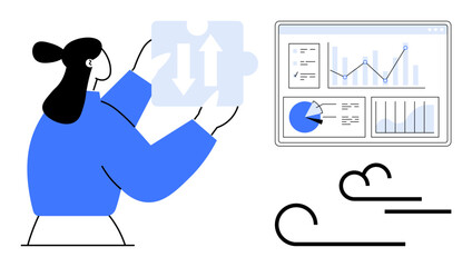 Woman examines puzzle symbol alongside analytics dashboard featuring bar graphs, pie charts, and line graphs. Ideal for data analysis, teamwork, problem-solving, strategy, business decision-making