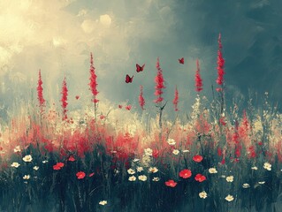Abstract painting of wild flowers with butterflies, against a cloudy sky. This background is perfect for inspiring creativity or for meditation use.
