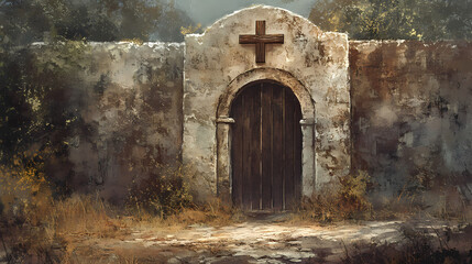 Fototapeta premium Weathered stone gate with a wooden cross above the archway, rustic, stone, gate. [Hollow Monoliths] | Fossil Sanctums | ancient decay. Illustration