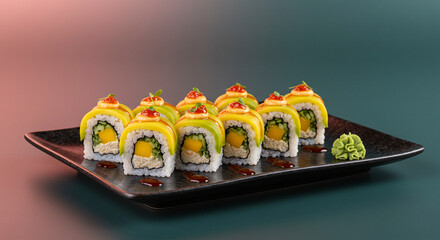 Delicious mango sushi rolls on a black plate with wasabi and soy sauce for japanese cuisine lovers