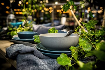 Stylish, teal and gray dinnerware set, greenery