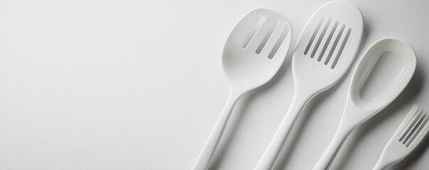Fototapeta premium A collection of white kitchen utensils on a clean surface, perfect for culinary use.