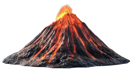 Realistic 3D Volcano Eruption with Flowing Lava Isolated on Transparent
