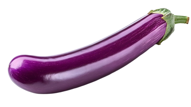 Photo of Single Purple Eggplant with Green Stem Isolated on Black Background