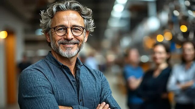 Confident mature man with arms crossed, smiling warmly, in a modern office setting with colleagues in the background