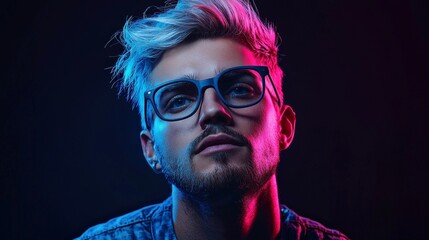 A portrait of a stylish young man with trendy hair and glasses illuminated by neon lights.