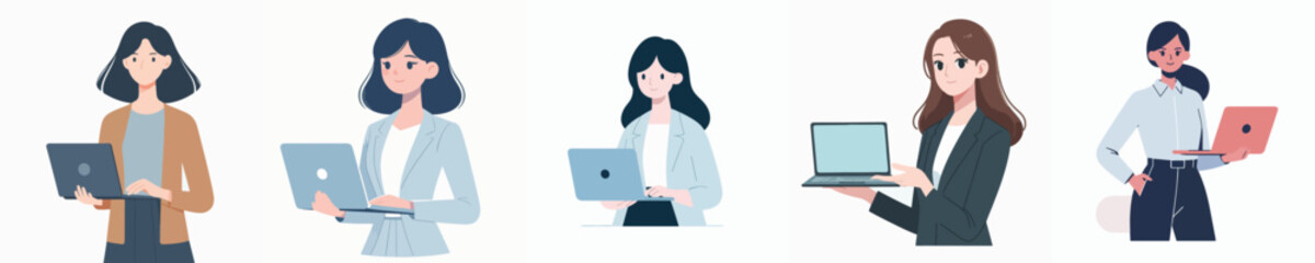 Set Vector of young career woman working using laptop