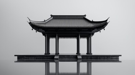 Fototapeta premium A serene black and white architecture of an elegant pagoda reflection.