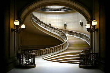 Elegant spiral staircase in a grand building, architectural detail, ornate banister, classical interior design.