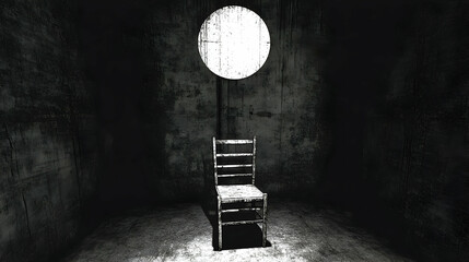 Solitary confinement, dark room, wooden chair, overhead light, grunge texture, psychological thriller