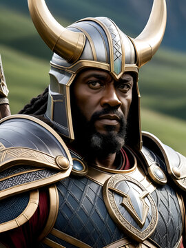 A close-up of Heimdall standing guard at the Bifrost his piercing eyes reflecting vigilance