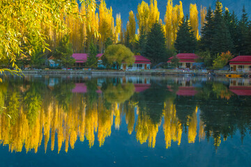 A beautiful lake of autumn season is Kachura lake or Shangrila Lake in Skardu, Pakistan.