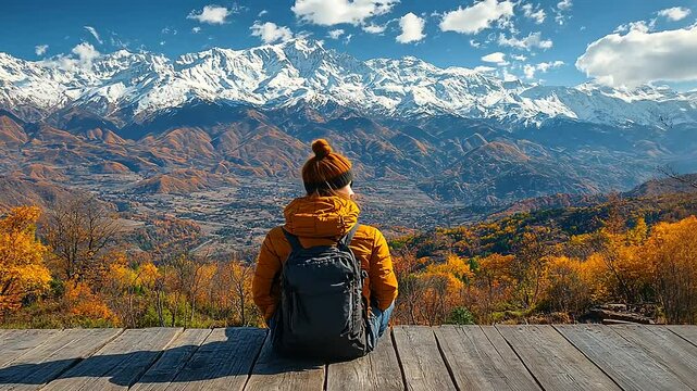 Woman sits on wooden deck, enjoying autumn mountain view.  Snowy peaks and colorful foliage surround her