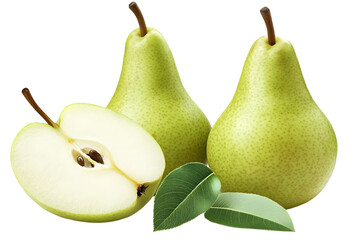 Realistic Photo Of Three Pears Isolated On Transparent Background With Green Tones