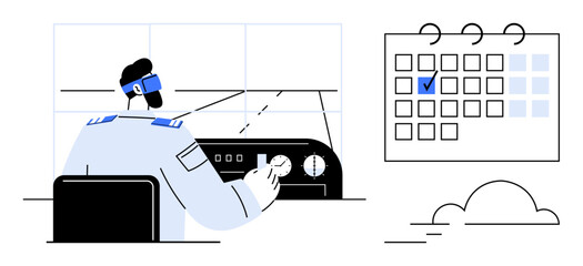 Pilot in uniform managing cockpit controls. Calendar with marked date signifies scheduling, planning, aviation, preparation, time management, organization, and travel concepts. Flat simple metaphor