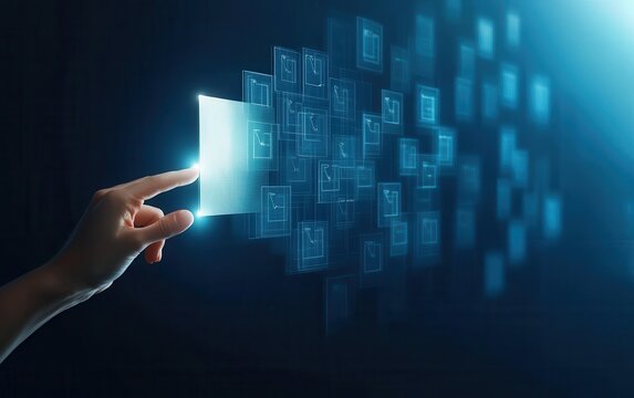 Hand interacts with digital interface.  A finger touches a glowing square, surrounded by multiple other interfaces