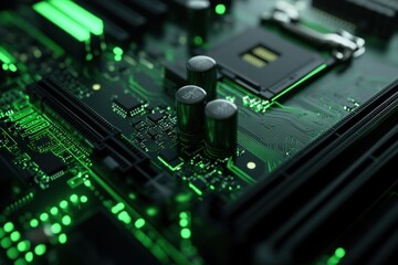 Fototapeta premium abstract close-up of motherboard in green color scheme, glowing components