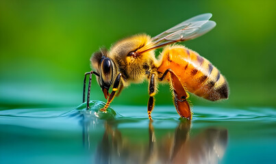 Fototapeta premium A close-up shot of a honeybee drinking water from a pristine, clear surface, set against a vibrant green background. The image showcases intricate details of the bee's anatomy and the water's ripple.