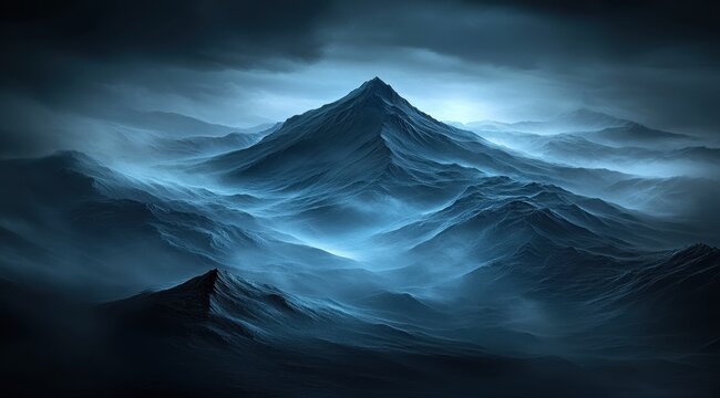 Dark, misty mountains under a stormy sky  Vast, jagged peaks pierce a brooding atmosphere