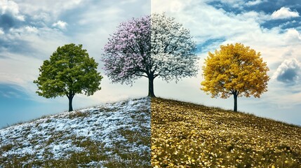 Four Seasons Depicted On A Hillside With Trees