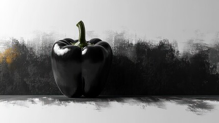 A glossy, dark-purple bell pepper sits on a surface, against a backdrop of painted black and white strokes