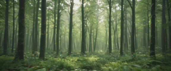 Obraz premium Abstract green, out-of-focus forest scene, soft light, muted tones, panorama, soft focus, jungle
