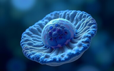 Obraz premium A detailed rendering of a cell with complex internal structures and a layered outer membrane in blue hues. High quality