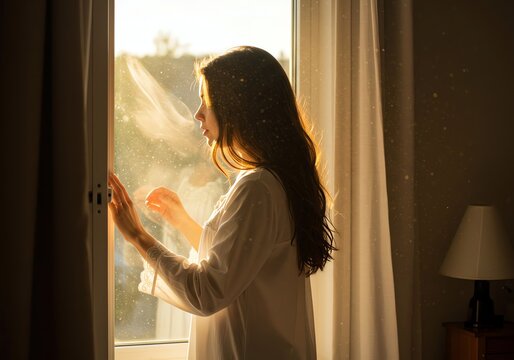 Young woman opening a window in morning light in her bedroom