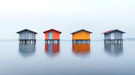 Colorful houses on stilts reflecting in calm water, creating a serene landscape.