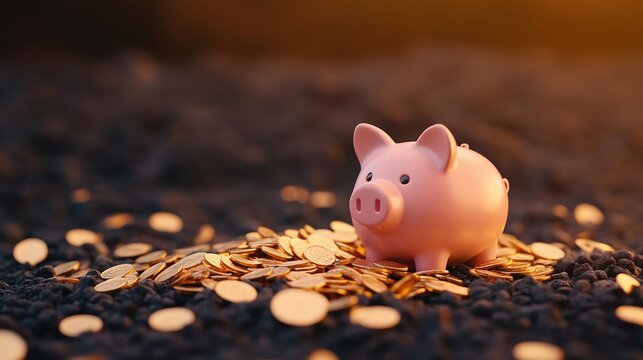 A pink piggy bank sits on a pile of scattered gold coins, symbolizing savings and financial growth.
